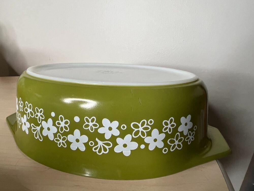 Vintage PYREX 045 Spring Blossom Green 2-1/2 Qt Oval Casserole Dish USA